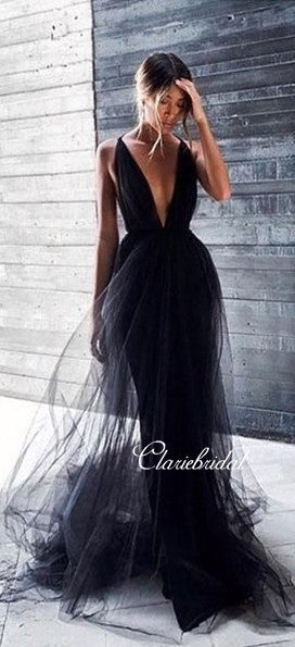 Deep V-neck Black Tulle Prom Dresses, Long A-line Prom Dresses, Chic P ClaireBridal Deep V-neck Black Tulle Prom Dresses, Long A-line Prom Dresses, Chic P ClaireBridal