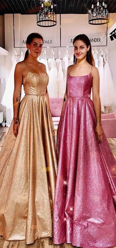 Spaghetti Long A-line Shemmering Prom Dresses, Long Prom Dresses, 2020   ClaireBridal
