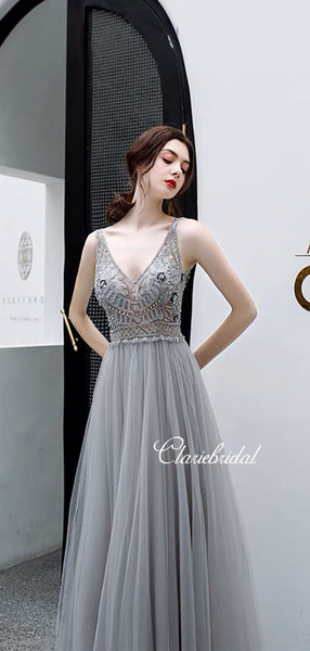 V-neck Grey Tulle Beaded Prom Dresses, Long Prom Dresses, New 2020 Prom Dresses