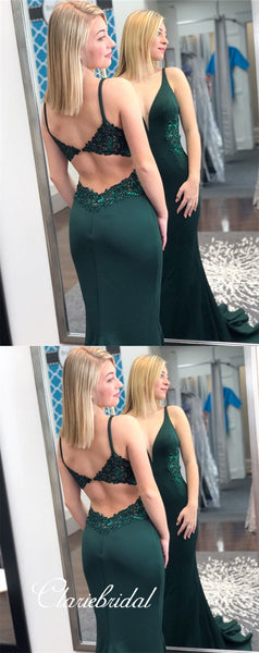 Emerald Green Jersey Appliques Beaded Long Prom Dresses, Mermaid Prom Dresses