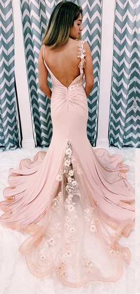Blush Pink Jersey Appliques Prom Dresses, Mermaid Prom Dresses, Long Prom Dresses