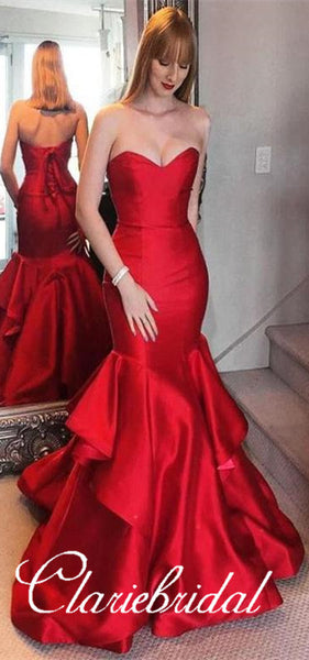 Sweetheart Red Elastic Satin Prom Dresses, Lace Up Prom Dresses, Long Prom Dresses