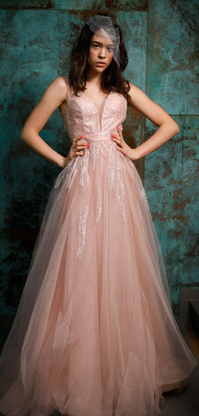 V-neck Pink Tulle Beaded Long Homecoming Dresses, Prom Dresses, Long Prom Dresses