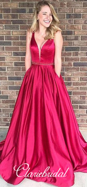 V-neck Long A-line Red Satin Beaded Prom Dresses, Elegant Prom Dresses, Prom Dresses