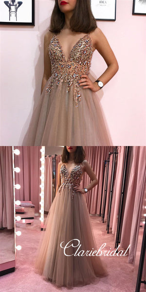 V-neck Long A-line Beaded Tulle Prom Dresses, Long Prom Dresses, New Prom Dresses