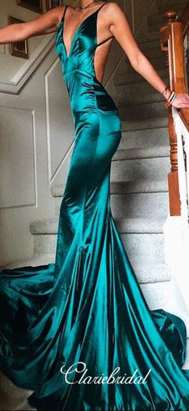 Spaghetti V-neck Mermaid Long Prom Dresses,  Sexy Backless Prom Dresses