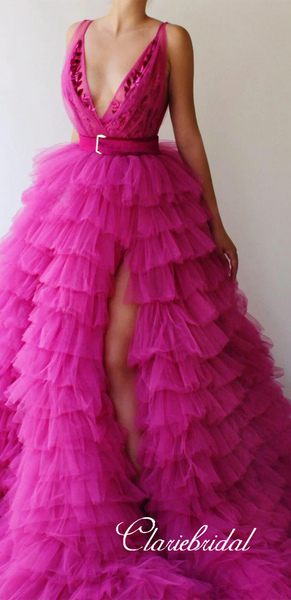 Deep V-neck Long A-line Fluffy Tulle Prom Dresses, Hot Pink Prom Dresses, Hi-low Prom Dresses