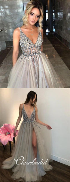 Light Grey Beaded Tulle Prom Dresses, Side Slit Prom Dresses, Long Prom Dresses