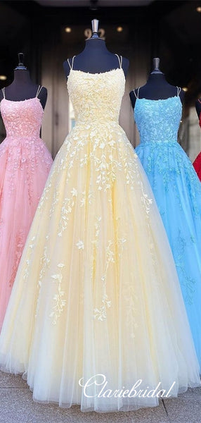 A-line Lace Popular Tulle Prom Dresses, Long Prom Dresses, Beaded Prom Dresses, Affordable Prom Dresses