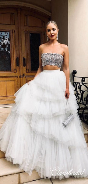 2 Pieces Beaded Top Fluffy Tulle Prom Dresses, Long Prom Dresses, Chic Long Prom Dresses