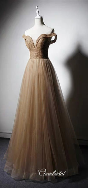 Off Shoulder Long A-line Beaded Sequin Tulle Prom Dresses, Long Prom Dresses, 2020 Prom Dresses