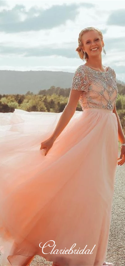 Short Sleeves Long Prom Dresses, Peach Tulle Rhinestone Beaded Prom Dr –  ClaireBridal