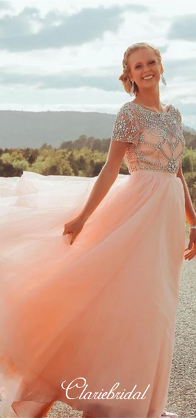 Short Sleeves Long Prom Dresses, Peach Tulle Rhinestone Beaded Prom Dresses, Long Prom Dresses