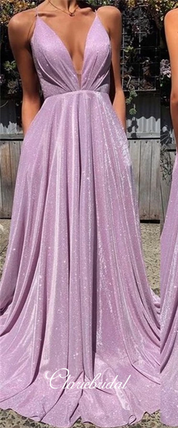 Deep V-neck Long A-line Lilac Shemmering Prom Dresses, Long Prom Dresses, Lace Up Prom Dresses
