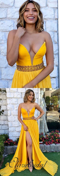 V-neck Yellow Chiffon Side Slit Prom Dresses, Long Prom Dresses, Popular Prom Dresses