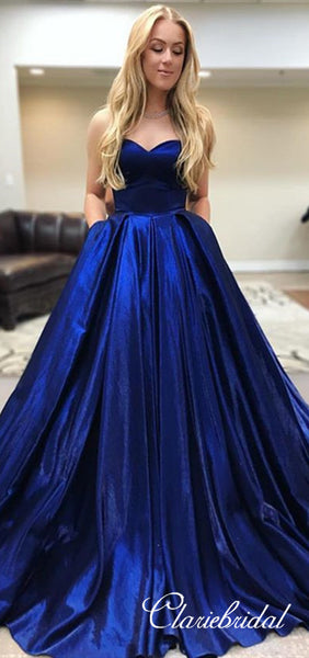Sweetheart Long A-line Royal Blue Satin Prom Dresses, Long Prom Dresses, Prom Dresses