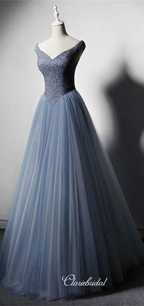 Off Shoulder Blue Beaded Tulle Princess Ball Gown, Long Prom Dresses, Lovely 2020 Prom Dresses