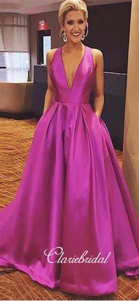 V-Neck A-line Satin Prom Dresses, Elegant Prom Dresses, Long Prom Dresses