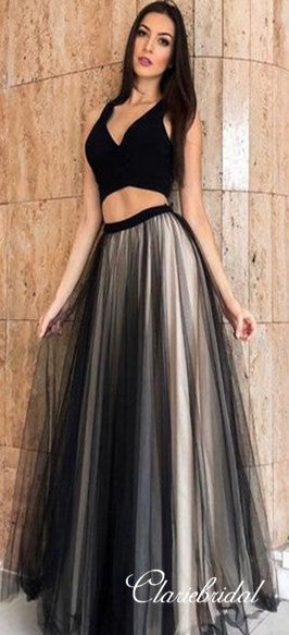 2 Pieces Black Prom Dresses, A-line Tulle Prom Dresses, V-neck Prom Dresses, 2020 Prom Dresses