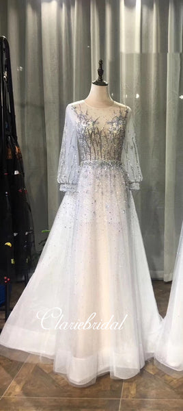 Long Sleeves Beaded Tulle Prom Dresses, Luxury Prom Dresses, 2020 Claire Deign Prom Dresses