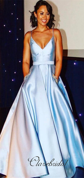 Spaghetti Long A-line Light Blue Satin Prom Dresses With Pockets, Prom Dresses