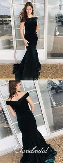 Off Shoulder Long Mermaid Prom Dresses, Emerald Green Velvet Prom Dresses