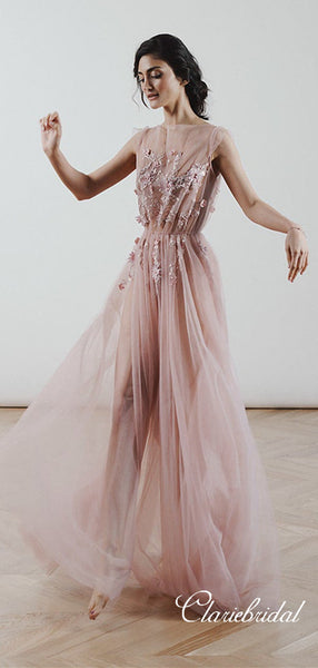 Dusty Rose Lace Tulle Long Prom Dresses, A-line Prom Dresses, Newest Prom Dresses