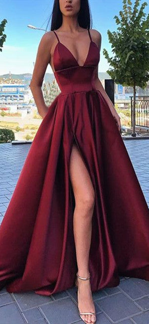 burgundy prom dresses 2020 Spaghetti Long A-line Side Slit Burgundy Prom Dresses, Simple Popular Prom  Dresses, 2020 Prom Dresses