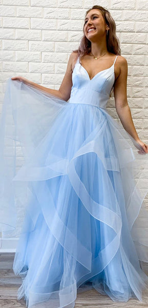 Straps Long A-line Light Blue Tulle Prom Dresses, Lovely 2020 Prom Dresses, Popular Prom Dresses
