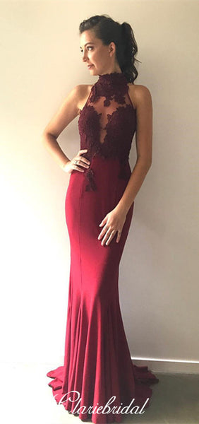 High Neck Maroon Lace Jersey Mermaid Prom Dresses