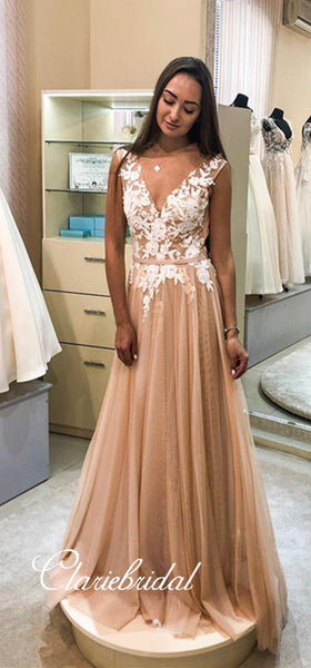 V-neck Lace Appliques A-line Champagne Prom Dresses, Long Prom Dresses