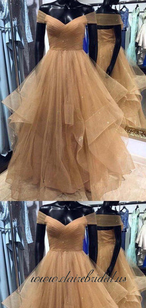 Off Shoulder Champagne Tulle With Gitter Prom Dresses, Fluffy Prom Dresses