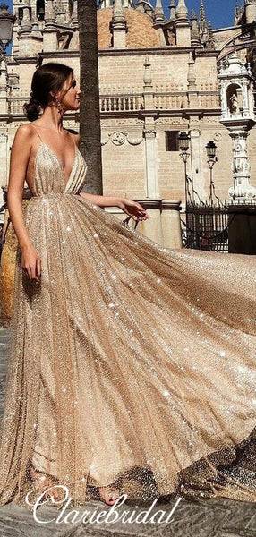 Spaghetti Long A-line SHiny Sequin Tulle Prom Dresses, Long Prom Dresses