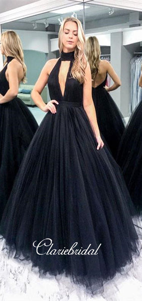 Halter Backless Black Tulle Prom Dresses, A-line Prom Dresses, Fluffy Prom Dresses