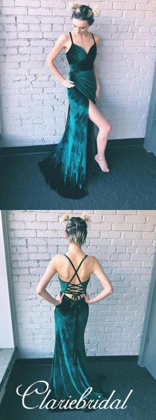 Simple Emerald Green Velvet Prom Dresses, Side Slit Prom Dresses, Long Prom Dresses