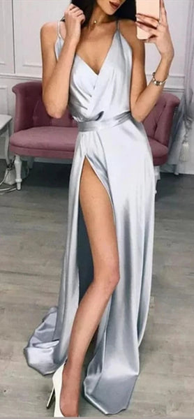 V-neck Long Prom Dresses, High Slit Prom Dresses, Simple Prom Dresses, Popular Prom Dresses