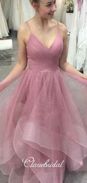 Spaghetti Long A-line Layers Sequin Tulle Prom Dresses, Sparkle Long Prom Dresses, 2020 Prom Dresses