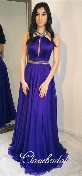 Halter Backless Chiffon Rhinestone Prom Dresses, Long Prom Dresses, Prom Dresses