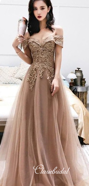 Off Shoulder Lace Beaded Long Prom Dresses, A-line Prom Dresses, 2020 Long Prom Dresses