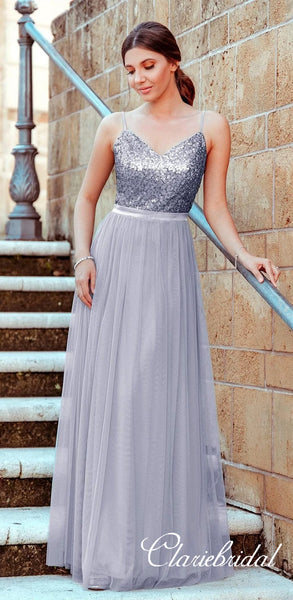 V-neck Sequin Top Long A-line Tulle Prom Dresses, Simple Long Prom Dresses, Affordable Prom Dresses