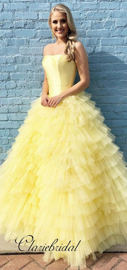 Strapless Yellow Prom Dresses, Fluffy Prom Dresses, Ball Gown, Princes –  ClaireBridal