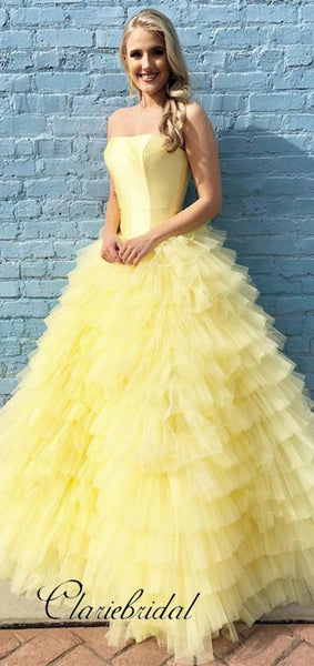 Strapless Yellow Prom Dresses, Fluffy Prom Dresses, Ball Gown, Princess Dresses