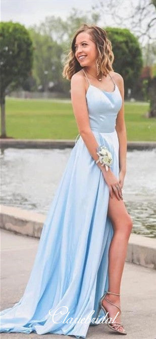 Simple Long A-line Light Blue Elastic Satin Prom Dresses, Side Slit Prom Dresses, Long Prom Dresses Simple Long A-line Light Blue Elastic Satin Prom Dresses, Side Slit Prom Dresses, Long Prom Dresses