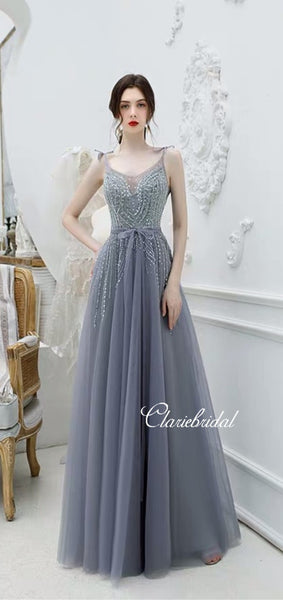 Straps Long A-line Grey Tulle Beaded Prom Dresses, New 2020 Prom Dresses, Claire Design Prom Dresses