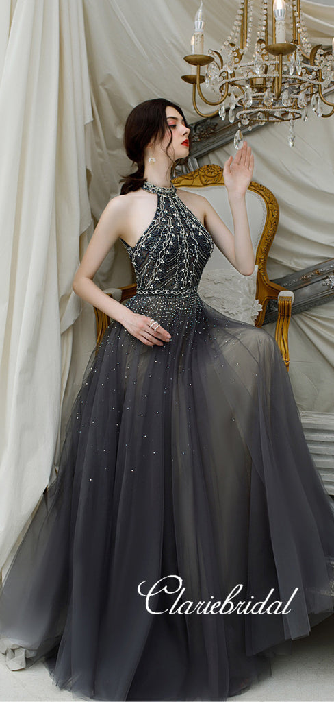 New Claire Design Dark Grey Rhinestone Beaded Long Prom Dresses, Chic ClaireBridal New Claire Design Dark Grey Rhinestone Beaded Long Prom Dresses, Chic ClaireBridal