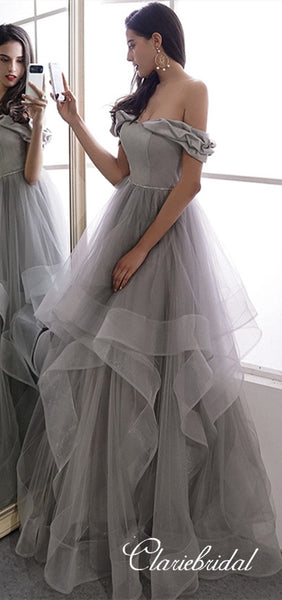 Off Shoulder Long Grey Prom Dresses, Tulle Prom Dresses, ELegant 2020 Prom Dresses, Newest Prom Dresses