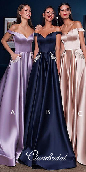 Off Shoulder Long A-line Satin Prom Dresses, Elegant Prom Dresses