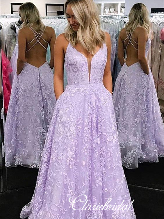 Straps Long A-line Lilac Lace Prom Dresses, Lovely Prom Dresses, 2020 Prom Dresses
