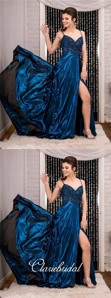 Spaghetti Long A-line Side Slit Blue Beaded Prom Dresses, Satin Chiffon Prom Dresses Long Prom Dresses