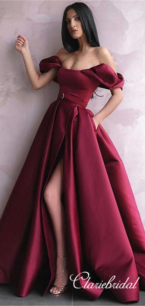 Off Shoulder Long A-line Burgundy Satin Prom Dresses, Side Slit Prom Dresses, Popular Prom Dresses